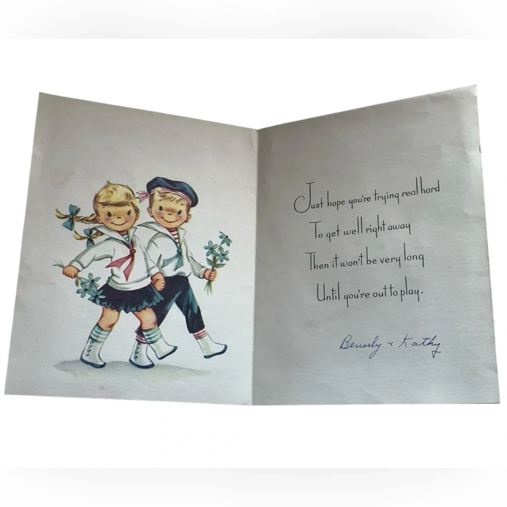 Vintage 1950’s Get Well Soon Card with Children Illustration Paper Ephemera